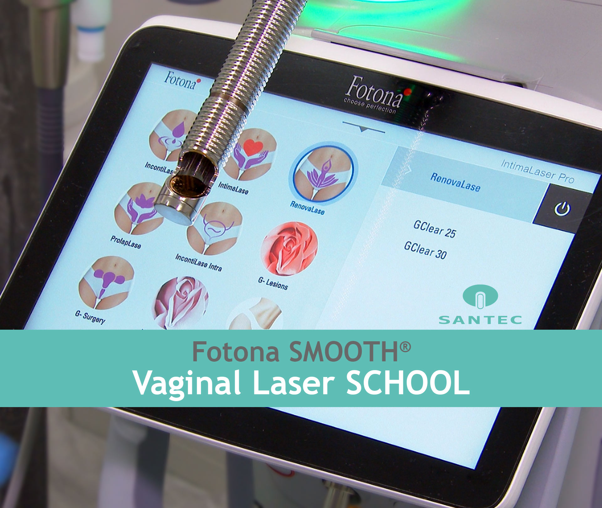 Sistema laser Fotona® SMOOTH® Er:YAG con schermo IncontiLase® — usato durante il corso teorico-pratico Santec